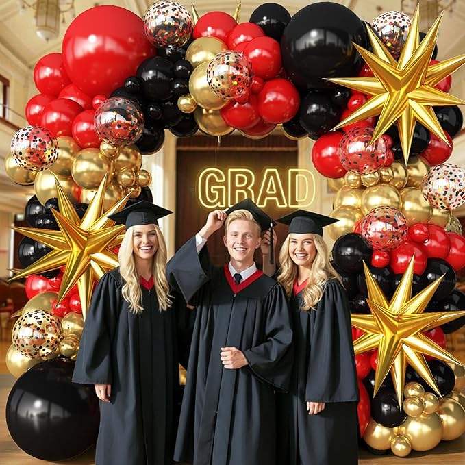 Red Gold Black Balloons Arch Kit Garland for 2026 Graduation Decorations Grad Party Birthday Red Carpet Casino Theme Race Car Birthday Anniversary Party Decorations