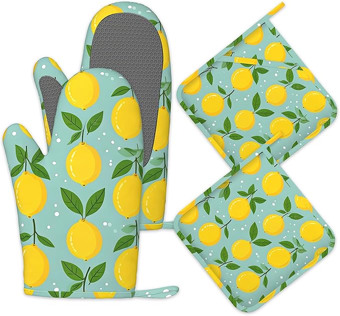 Oven Mitts and Pot Holders Yellow Lemon Silicone Kitchen Accessories Set of 4 Heat Resistant Gloves Potholder Non-Slip Grip for Chef Cooking Baking Grilling BBQ