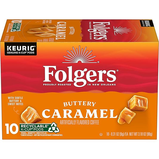 Folgers Buttery Caramel Artificially Flavored Coffee, Keurig K-Cup Pods, 10 Count Box