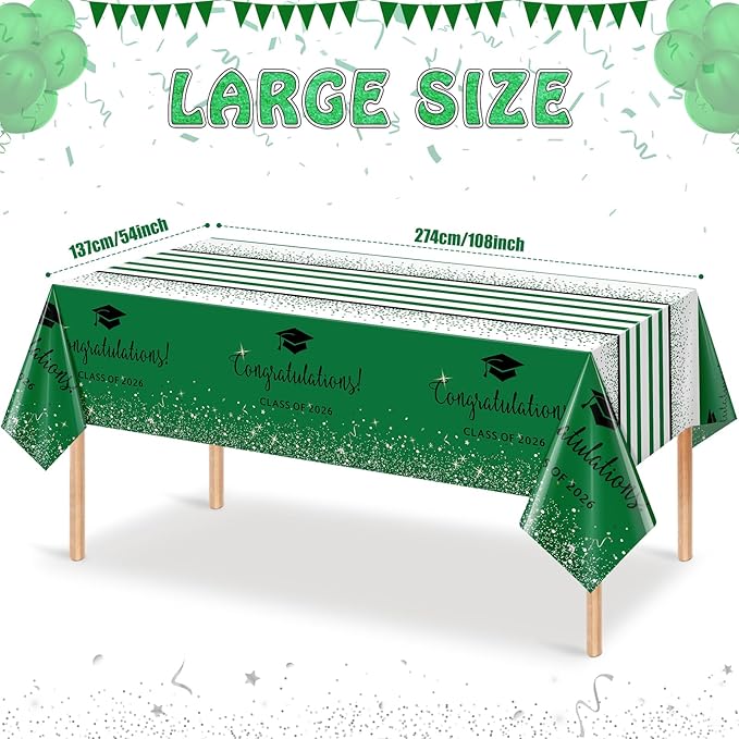 3 Pack Class of 2026 Graduation Tablecloths,Foil Dot Plastic Disposable Rectangle Table Covers for 2026 High School University College Graduation Party Decorations,108*54 Inch (Green and Black)