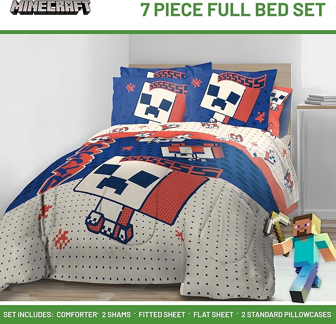 Jay Franco Minecraft Creeper Full Size Comforter Set - 7 Piece Bedding Includes Sheet Set & Pillow Covers - Super Soft Red & Blue Oishi Market Kids Bedding