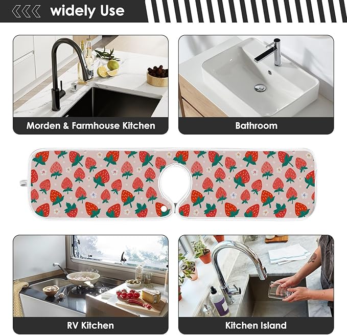 Kitchen Faucet Absorbent Mat,Strawberry Summer Berry Water Splash Guard for Sink, Faucet Drip Catcher Thicken Sponge Microfiber Faucet Water Catcher Mat Sink Absorbent Mat for Kitchen 14x5in 2 Pack