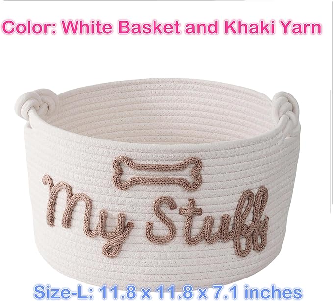 JUPPE Pet Dog Storage Basket with Bone Design, Cotton Rope Woven Organizer, Pet Dog Stuff Organizer With My Stuff Pattern (White pet basket)