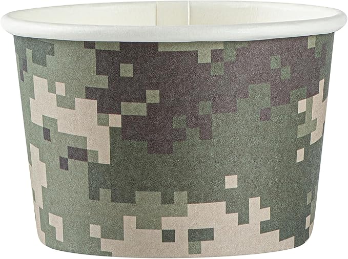 Restaurantware Coppetta 4-Ounce Dessert Cups, 50 Disposable Ice Cream Cups - Lids Sold Separately, Heavy-Duty, Camouflage Paper Frozen Yogurt Bowls, For Hot And Cold Foods