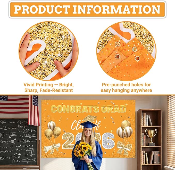 Orange 2026 Graduation Party Decor Kit-Includes Backdrop, Banner, Balloons, Hanging Ornaments & Honeycomb Decorations for Class of 2026 -Full Set for High School and University Graduation Events