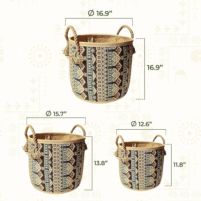Set of 3 Handwoven Seagrass Baskets with Bohemian Brocade Cover – Decorative Wicker Storage Hampers with Handles for Laundry, Blankets & Toys – Natural Woven Baskets for Home & Bedroom Decor