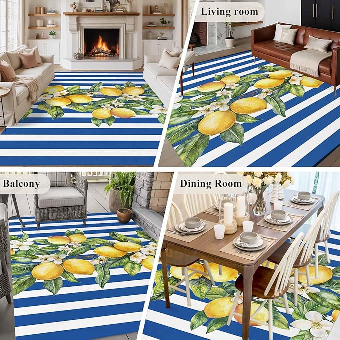 Area Rug 6x9ft, Summer Lemon Green Leaves Watercolor Washable Rugs for Living Room Bedroom, Blue Stripe Soft Non-Slip Area Rugs Rectangle Floor Carpet for Dining Room
