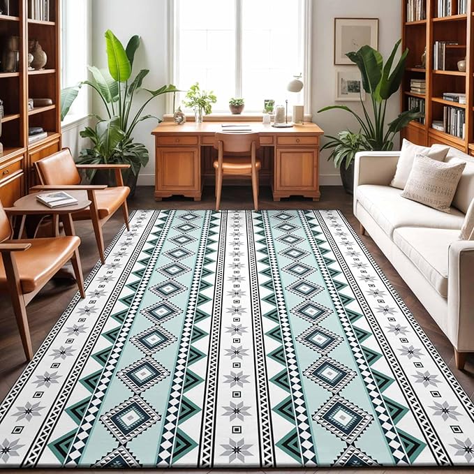 Area Rug 3x5ft, Boho Diamond Pattern Washable Rugs for Living Room Bedroom, Ethnic Style Blue Strips Soft Non-Slip Area Rugs Rectangle Floor Carpet for Dining Room