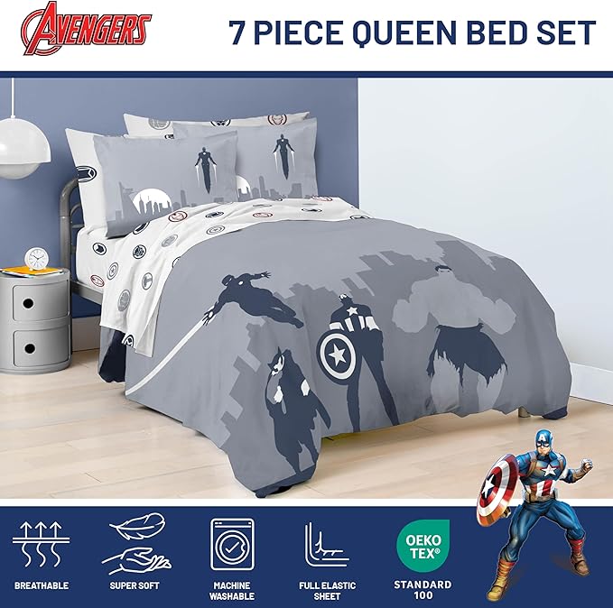 Jay Franco Marvel Avengers Queen Size Comforter Set - 7 Piece Bedding Includes Sheet Set & Pillow Covers - Super Soft Cozy Bedding with Captain America, Hulk, Iron Man and Thor