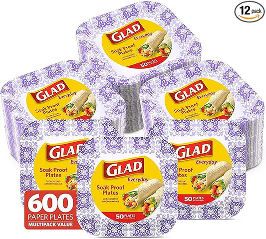 Glad Square Heavy Duty Paper Plates, Soak Proof and Cut Proof Disposable Plates for Parties and Everyday Meals, Microwaveable for Easy Serving, Purple Victorian Pattern, 8.5 Inch, 50 Count - 12 Pack