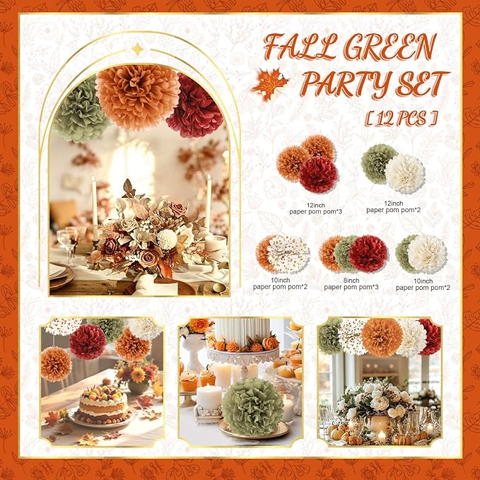 NICROLANDEE Fall Party Decorations, 12 PCS Pumpkin Orange Burgundy Sage Green Ivory Tissue Pom Poms Thanksgiving Decor for Home, Wedding, Birthday, Autumn Harvest Party Supplies
