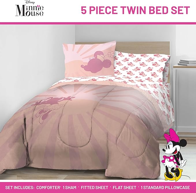 Disney Minnie Mouse Twin Size Comforter Set - 5 Piece Bedding Includes Sheet Set & Pillow Covers - Super Soft Cozy Pink Bedding
