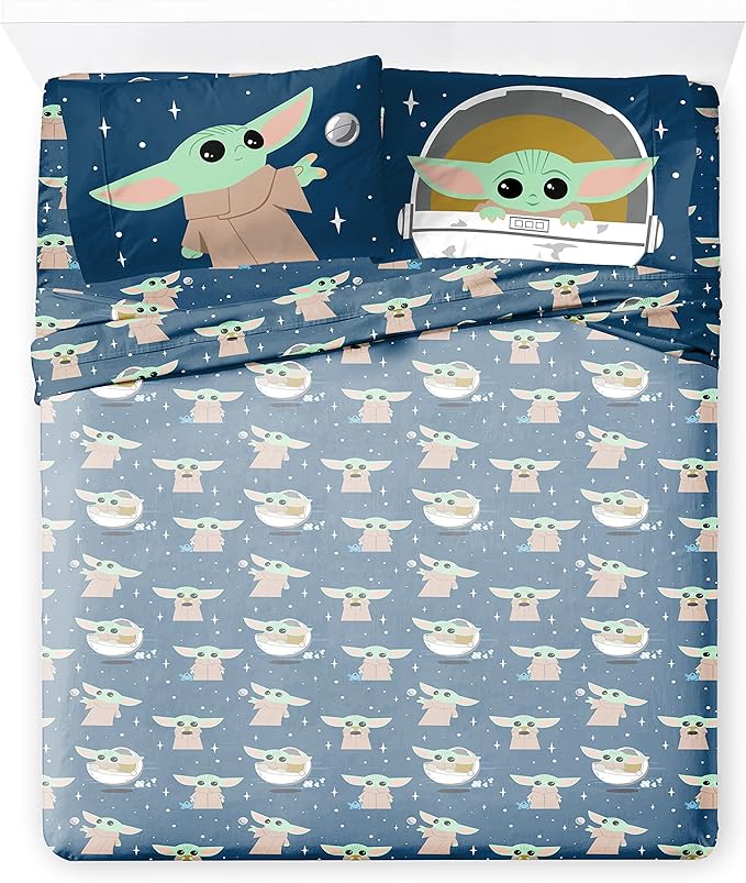 Jay Franco Kids Sheet Set with Fitted, Flat Sheets & Pillow Cover - Ultra-Soft Bedding with Pillowcase for Room Decor, Blue - Mandalorian, 4 Piece Queen