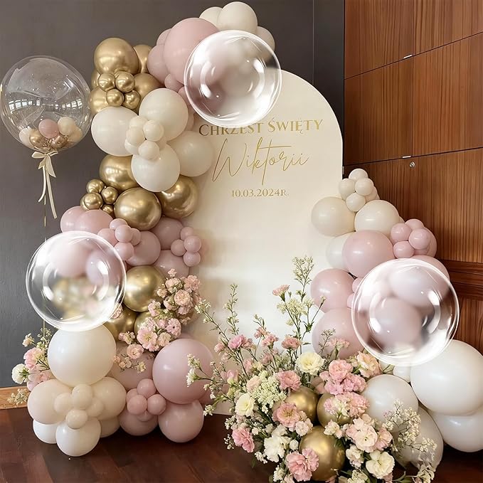 Dusty Pink Balloon Garland Arch Kit, Double Stuffed Pearl Pink White and Gold Balloon Large Clear Balloons for Girls Baby Shower Bridal Shower Wedding Birthday Party Decorations