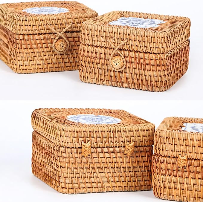 Rattan Box with Lid: Blue-and-White Porcelain Decorative Rattan Storage Box, Hand-Woven Wicker Storage Basket with Lid, for Sundries Tea Case Picnic Food Containers (Square 1, 4.33in*4.33in* 2.76in)