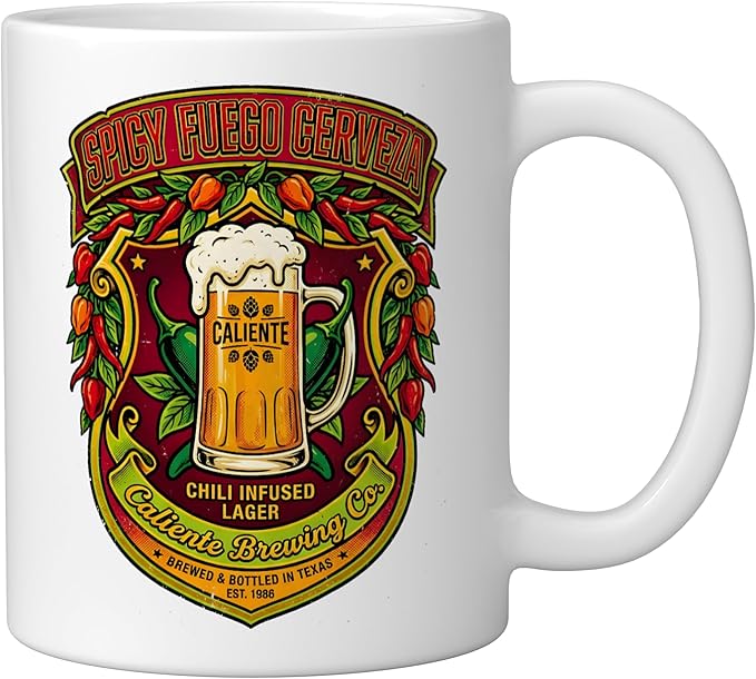 Spicy Fuego Cerveza Chili Texas Drinking Vintage Beer Label Ceramic Mug, White