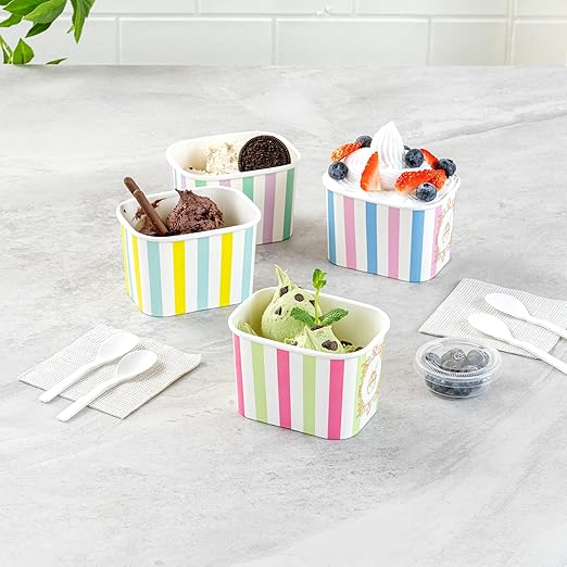 Restaurantware Paper Cups 50 Count 12 Ounce Square Disposable Ice Cream Containers, Leak-Resistant Paper Dessert To Go Cups, Hot And Cold Food, Durable Green And Pink Stripe Design