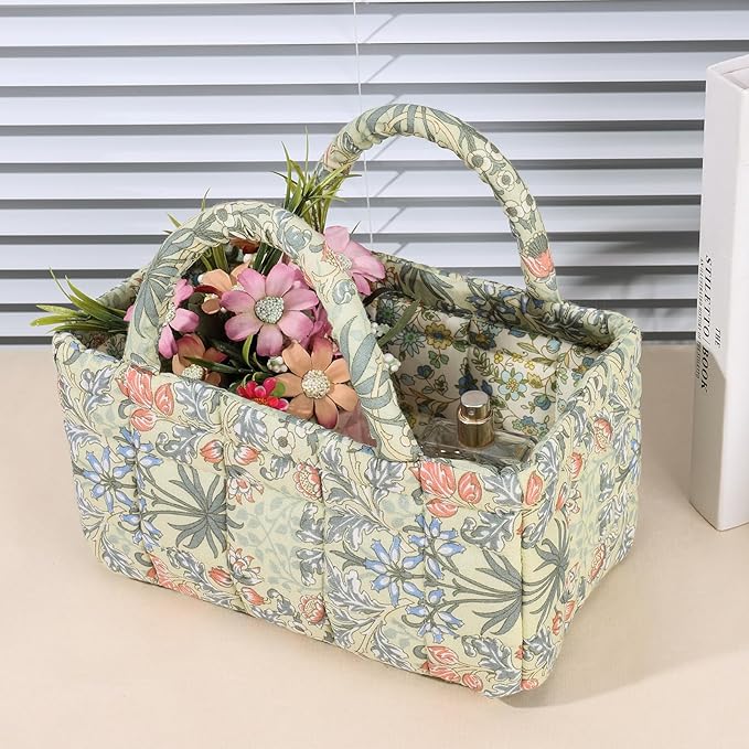 Quilted Fabric Storage Basket Floral Baby Diaper Caddy Quilted Basket for Nursery Bedroom Car Storage