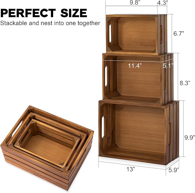 VICTORY RELAX Nesting Wood Storage Crates (Set of 3) - Natural Acacia Wood Stackable Wooden Boxes for Storage & Organization - Decorative Wooden Basket Set for Fruits, Shelving & Home Decor