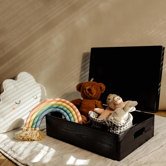 Creative Deco XL Black Wooden Box Storage with Hinged Lid | 15.8x11.8x5.5in (+-0.5) | Keepsake with Handles | Gift Box for Tool Dog Toy Kitchen Storage | Wood Chest Trunk