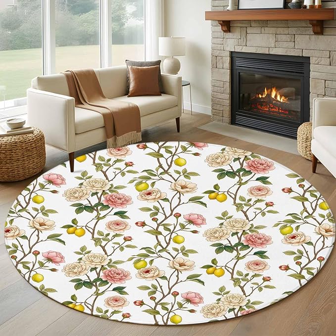Washable Round Area Rug Country Blossom Flower Plant Circle Rugs Floor Carpet for Living Room Bedroom, Summer Lemon Leaf Seamless Soft Non Slip Round Rug 5ft