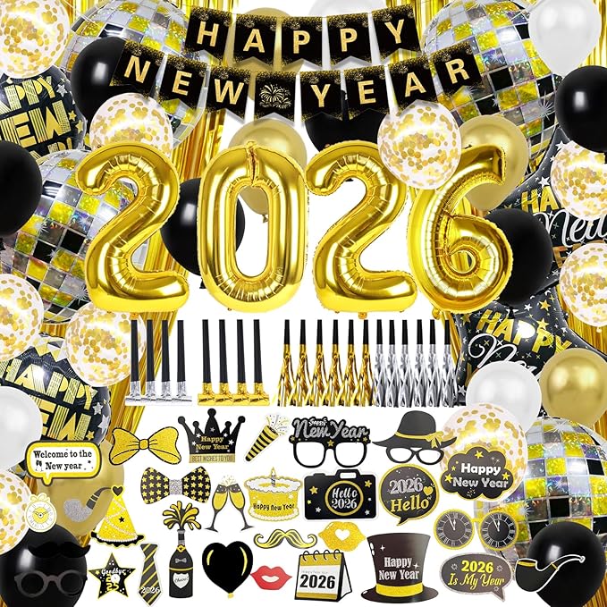 Happy New Year Decorations 2026, Foil Balloon Fringe Curtains Latex Balloons Curtains Photography Backdrops Photo Booth Props Blowouts for New Years Eve Celebration