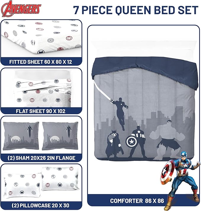 Jay Franco Marvel Avengers Queen Size Comforter Set - 7 Piece Bedding Includes Sheet Set & Pillow Covers - Super Soft Cozy Bedding with Captain America, Hulk, Iron Man and Thor