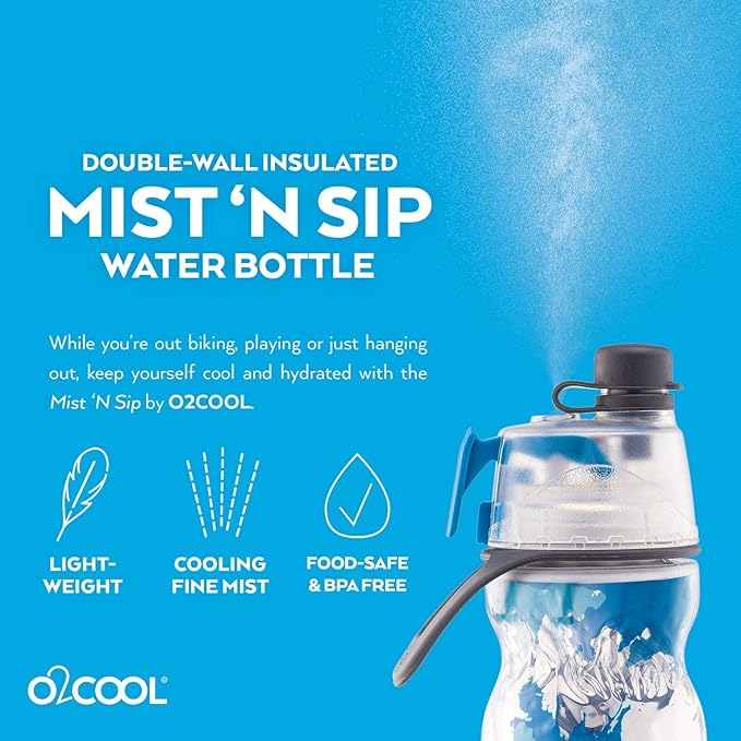 O2COOL Mist 'N Sip Misting Water Bottle 2-in-1 Mist And Sip Function With No Leak Pull Top Spout Reusable Sports Water Bottle - 20 oz (Graffiti Blue)