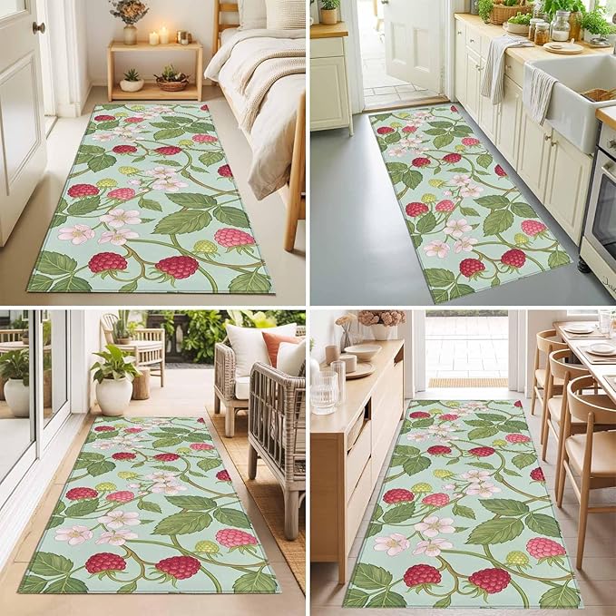Runner Rug for Bedroom Hallway, Farmhouse Berry Red Pink Blossoms Flower Kitchen Runner Rugs Area Rug 2x6ft, Green Leaves Washable Soft Floor Carpet for Entryway Stair