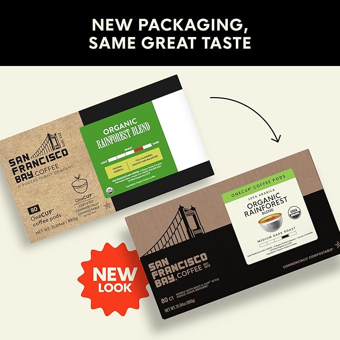 San Francisco Bay K-Cup Coffee Pods, Organic Rainforest Blend (80 ct), Medium-Dark Roast, Commercially Compostable USDA Organic Single-Serve Coffee Pods