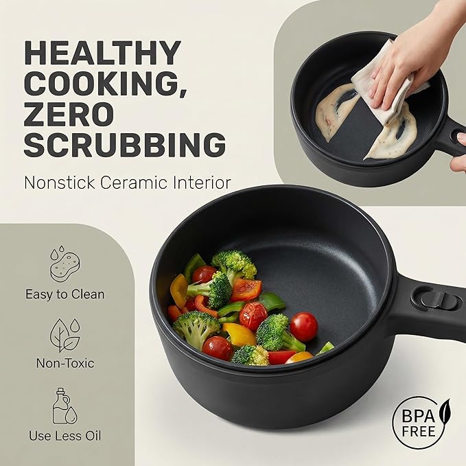 Hot Pot Electric 1.5L CERAMAX, Non-Toxic Ceramic Noodle Cooker Skillet with Steamer & Lid for Ramen, Pasta, Eggs, Soup - Fast Heating, Portable for Dorms, Camping, RVs, Office, Adjustable Temperature