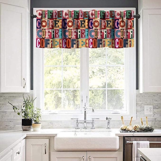 Retro Coffee Window Valance, Vintage Colorful Coffee Rustic Short Window Treatment for Cafe Kitchen Bedroom Living Room, 54x18Inch