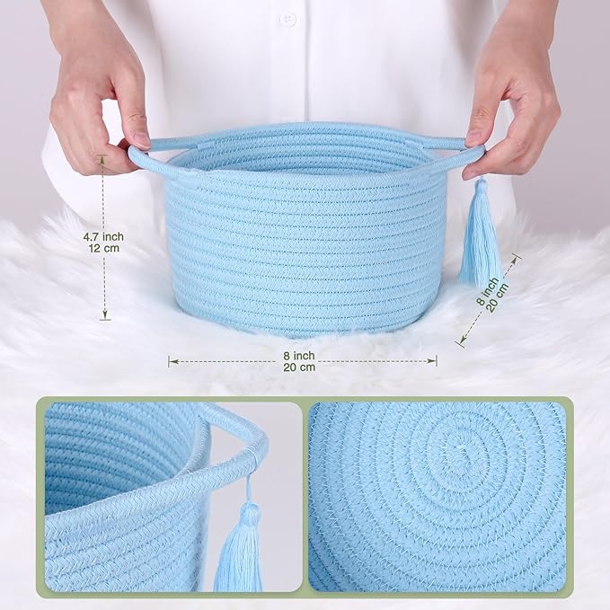 Small Gift Baskets Empty to Fill, Little Cute Soft Woven Rope Bin, Mini Basket for Teen Girl Gifting, Desk Makeup, Pre-Shaped with Gifting Bags Ribbon, Set of 2, Light Blue