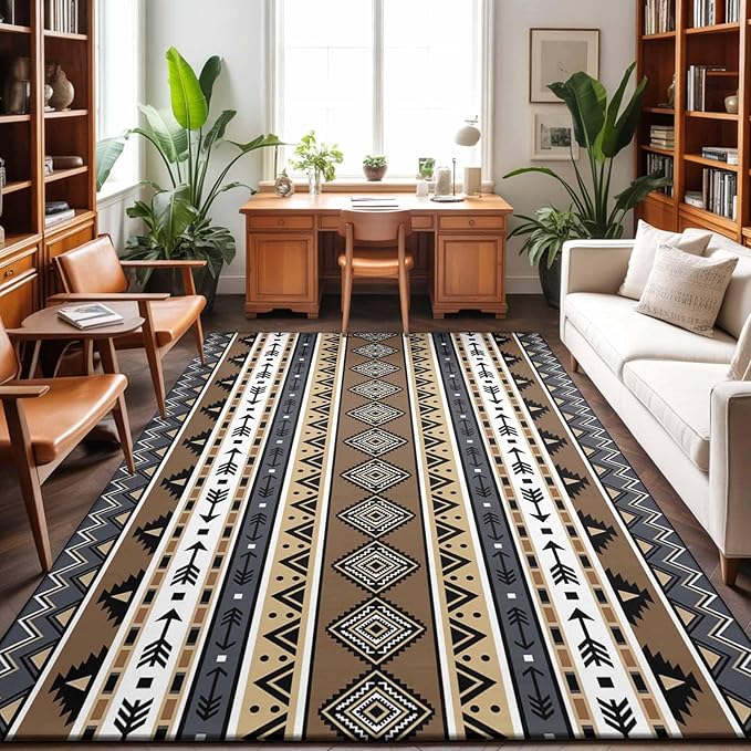 Area Rug 9x12ft, Boho Tribal Stripes Washable Rugs for Living Room Bedroom Rectangle Floor Carpet, Ethnic Borders Arrow Motifs Soft Non-Slip Area Rugs for Dining Room