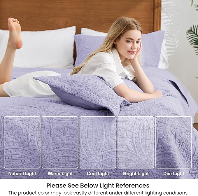 Love's cabin California King Size Quilt Bedding Set Lavender Bedspreads - Cal King Lightweight Bedspread Comforter - Coin Pattern Coverlet for All Season - 3 Pieces (1 Quilt, 2 Pillow Shams)