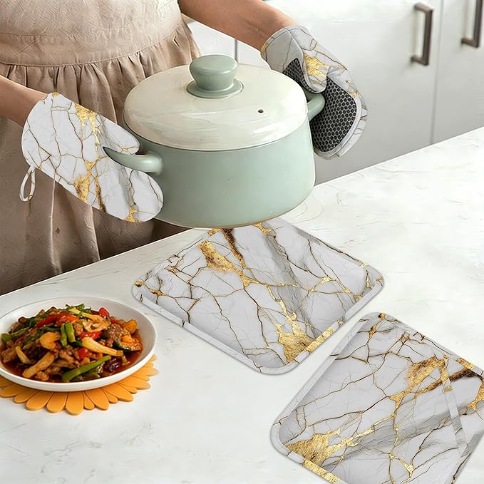 White Gold Marble Oven Mitts and Pot Holders Sets,Silicone Abstract Kitchen Mitts Potholders Heat Resistant 4Pcs Oven Gloves Hot Pads for Kitchen Baking Cooking