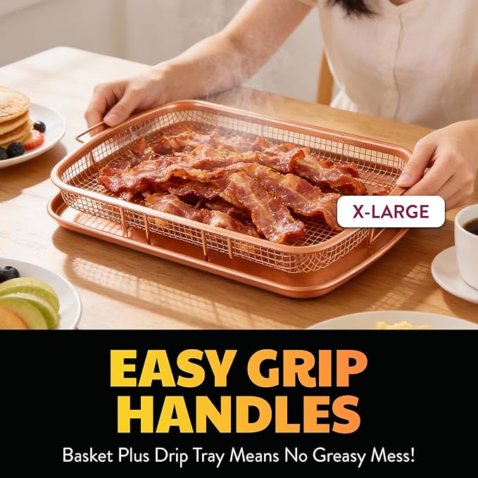 Gotham Steel Baking Sheet with Air Fry Rack, 16.5” x 12.5”, 2 Pc Multipurpose Air Fryer Tray and Cookie Sheet Pan for Oven, Use as Cooling Wire Rack, for Cooking, Pizza, Bacon, Dishwasher Safe