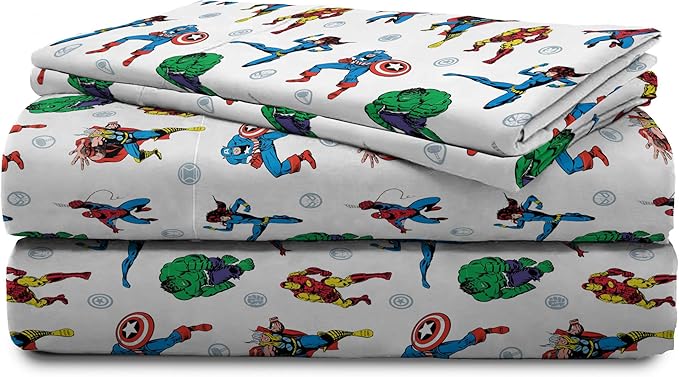 Jay Franco Kids Sheet Set with Fitted, Flat Sheets & Pillow Cover - Ultra-Soft Bedding with Pillowcase for Room Decor, White - Avengers, 4 Piece Full