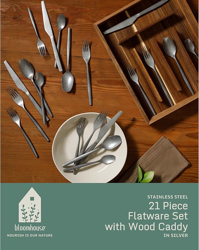 Bloomhouse - Two Time Oprah's Favorite Things Winner - 20 Piece Stone Washed Flatware 18/10 Stainless Steel Silverware Cutlery Utensil Set With Acacia Wood Caddy - Service for 4