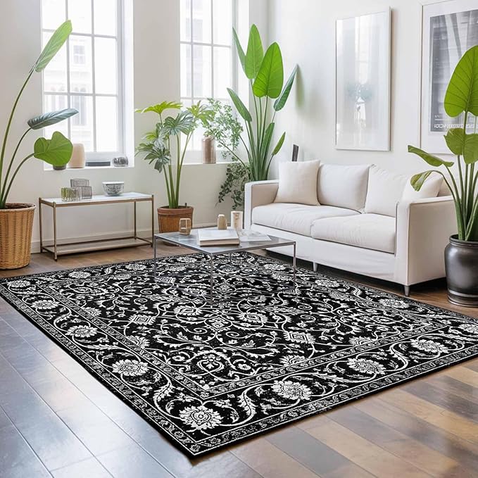 Area Rug 3x5ft, Paisley Vintage Black Floral Washable Rugs for Living Room Bedroom, Classic Flower Texture Soft Non-Slip Area Rugs Rectangle Floor Carpet for Dining Room