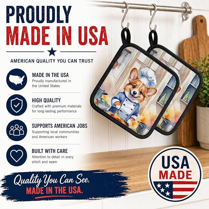 Caroline's Treasures Corgi The Chef Pair of Pot Holders Kitchen Heat Resistant Pot Holders Sets Oven Hot Pads for Cooking Baking BBQ, 7 1/2 x 7 1/2