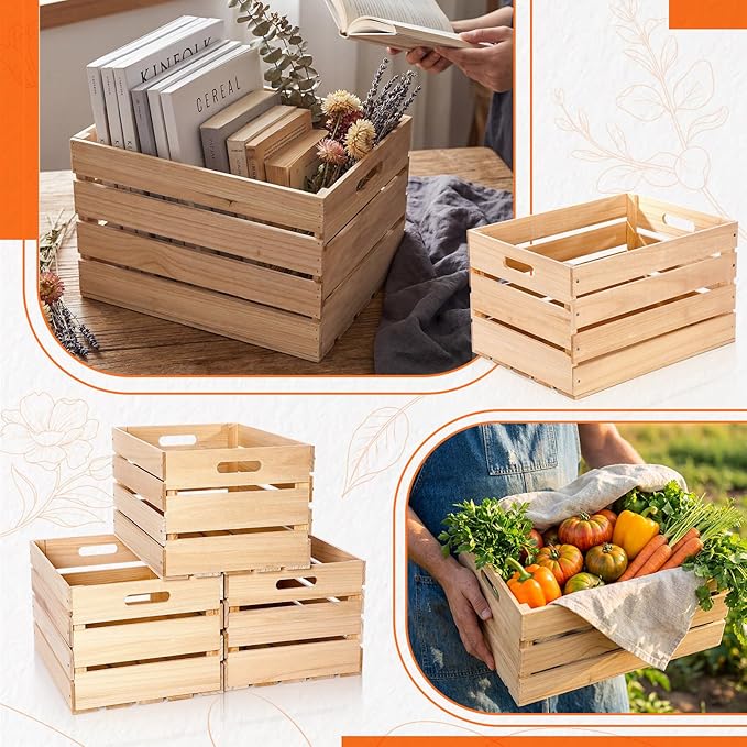 Weysat 3 Pack Large Wood Crates Box for Storage 12 x 10 x 8 Inches Unassembled Wooden Milk Crates with Handle Decorative Nesting Box for Display Rustic Decor DIY Office Home Retail Art Craft (Wood)