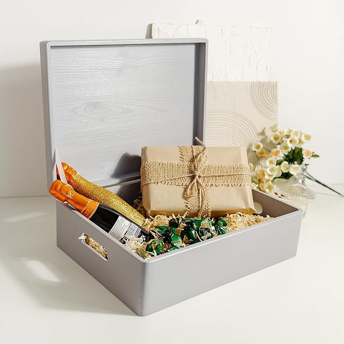 Creative Deco XL Gray Wooden Box Storage with Hinged Lid | 15.8x11.8x5.5in (+-0.5) | Keepsake with Handles | Gift Box for Tool Dog Toy Kitchen Storage | Wood Chest Trunk