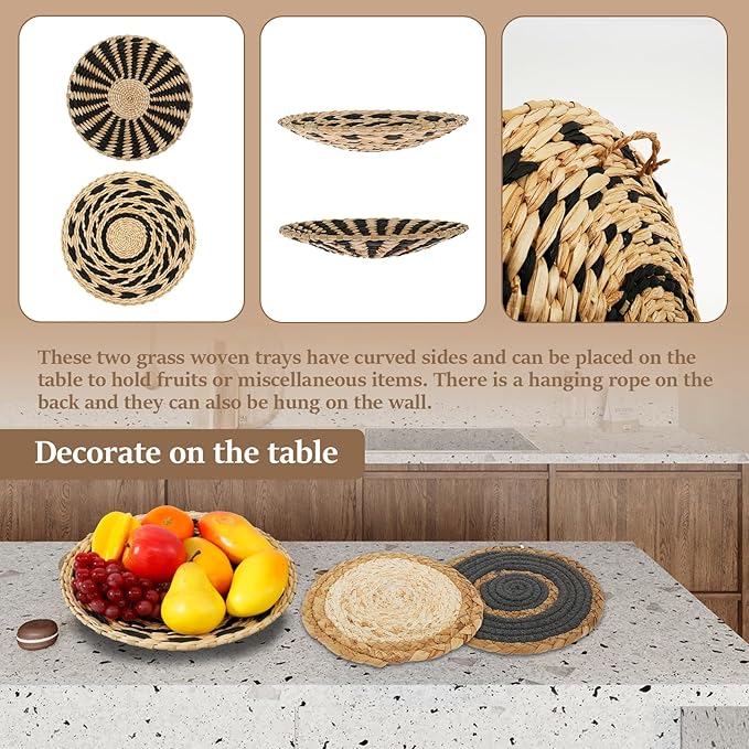7 Pcs Round Bohemian Woven Wall Basket Decor Rustic Handmade Woven Wall Decor for Home Farmhouse Kitchen Table Living Room Party