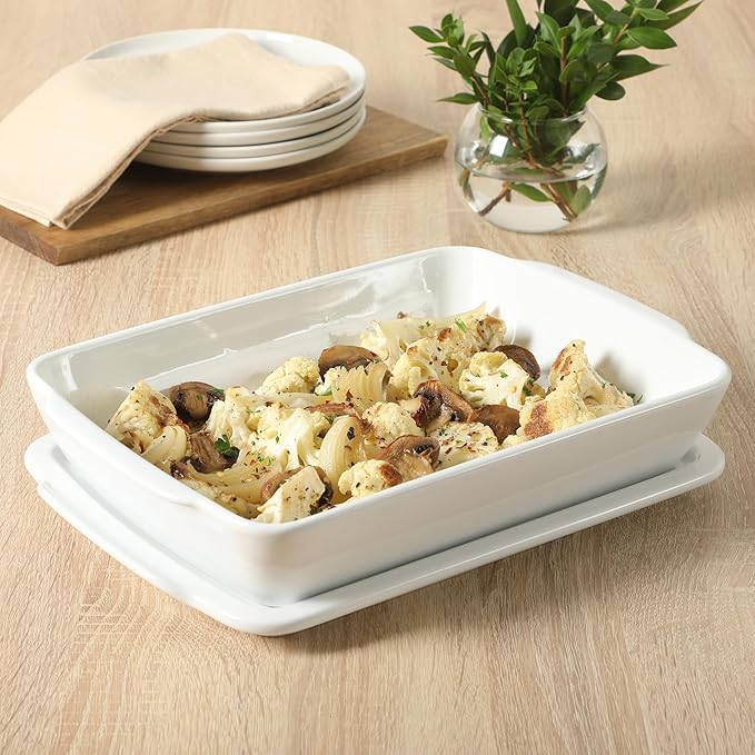 Gibson Home Gracious Dining 2.6-Qt White Stoneware Covered Baking Dish w/Multi-Purpose Lid – 12.7" x 9" Rectangular Oven Safe Casserole, Lasagna & Roasting Baker, Lid Doubles as Serveware or Trivet