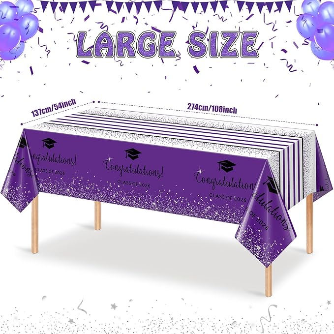 12 Pack Class of 2026 Graduation Tablecloths,Foil Dot Plastic Disposable Rectangle Table Covers for 2026 High School University College Graduation Party Decorations,108*54 Inch (Purple and Black)