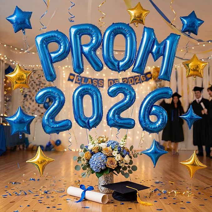 Prom 2026 Balloons Banner, 16 inch Blue Letter Balloons Prom 2026 Sign Decoration with Blue Gold Star Balloon for Class of 2026 Congrats Grad Party Birthday Retirement Graduation Party Supplies