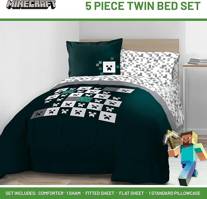 Jay Franco Minecraft Creeper Twin Comforter Set - 5 Piece Gamer Bedding Includes Sheet Set & Pillow Covers - Super Soft Checkered Bedding