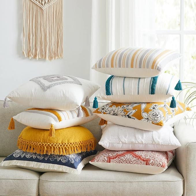 Indigo Ink Yellow & Gray Decorative Pillow - 14" x 20" | Striped Throw Cushion for Couch, Chair, Bed | Textured Stripes | Cotton Cover | Cozy Home Decor | Soft Plush Filling | White Denim Collection
