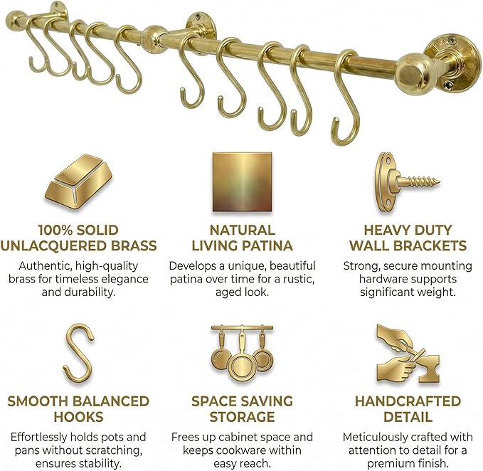 Unlacquered Solid Brass Pot Rail with S Hooks – Wall Mounted Pot Rack Rod for Pots & Pans, Kitchen Organizer, Vintage Brass Hanging Rail (40 inch (10 S-Hooks))